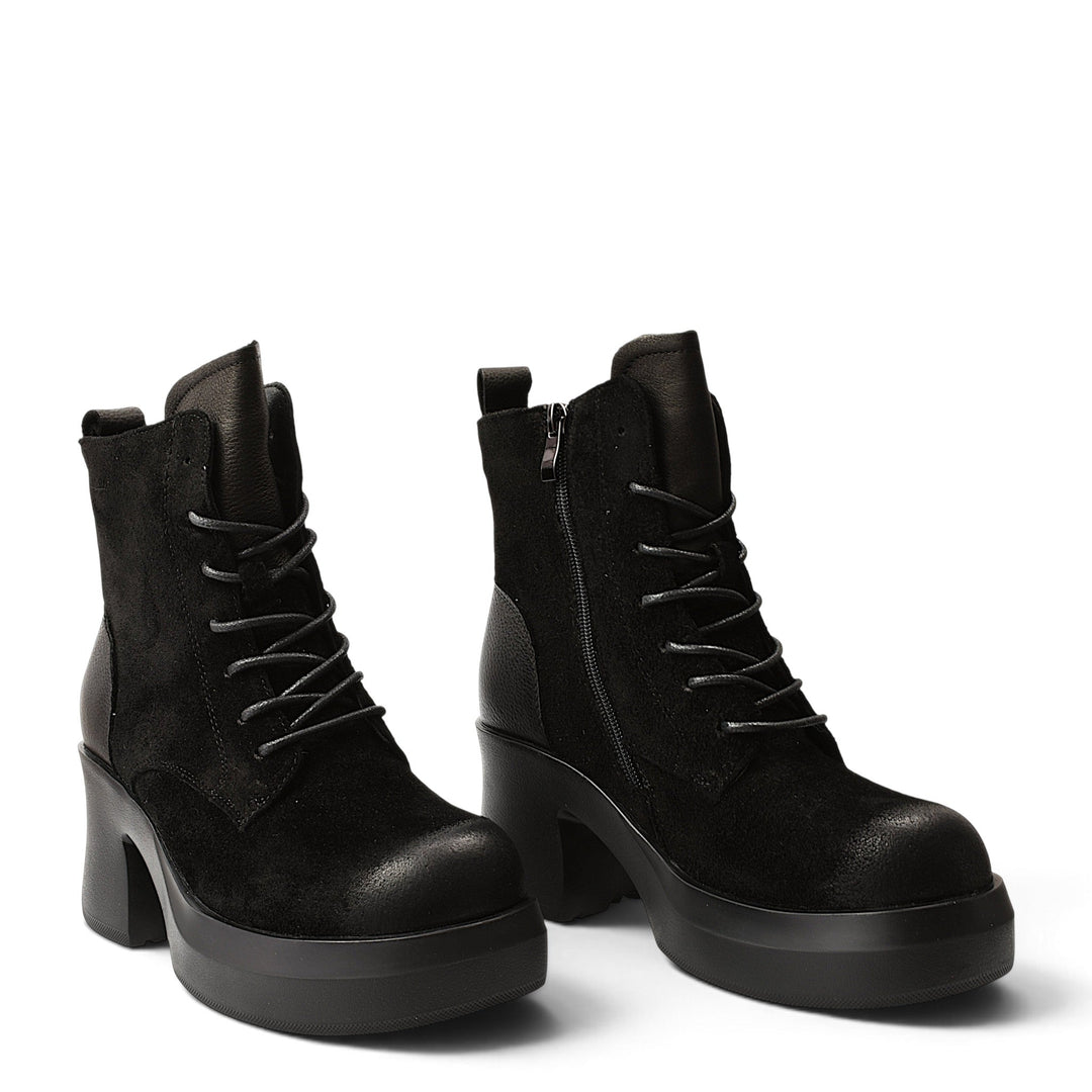 ada-shoes.ro black suede casual ankle boots with a 7 cm block heel, lace-up front, and side zipper closure.