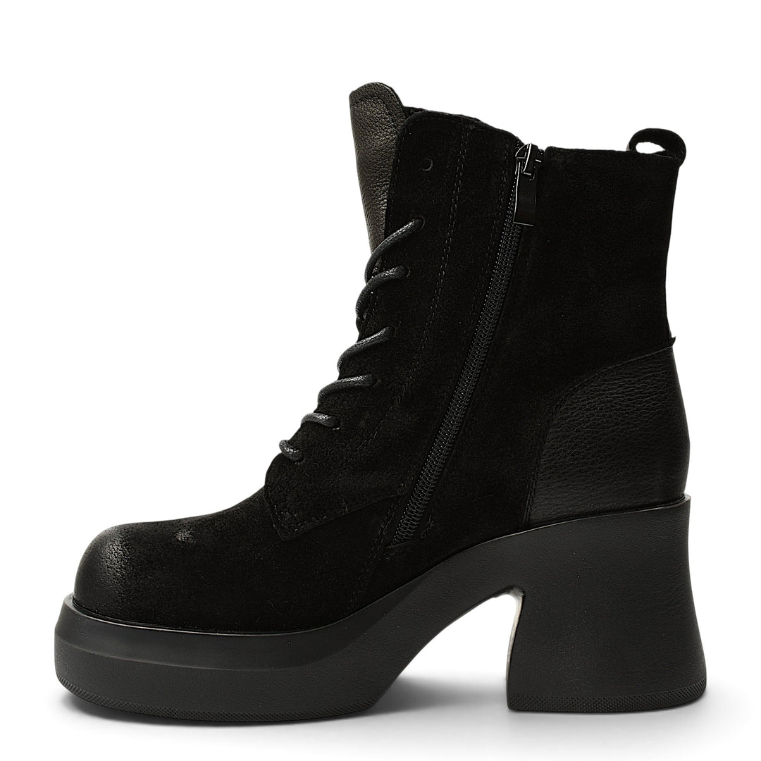 ada-shoes.ro black suede lace-up ankle boots with side zipper and 7cm block heel for a casual elegant look