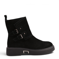 ada-shoes.ro Karisma black suede ankle boots with silver buckles and thick platform sole