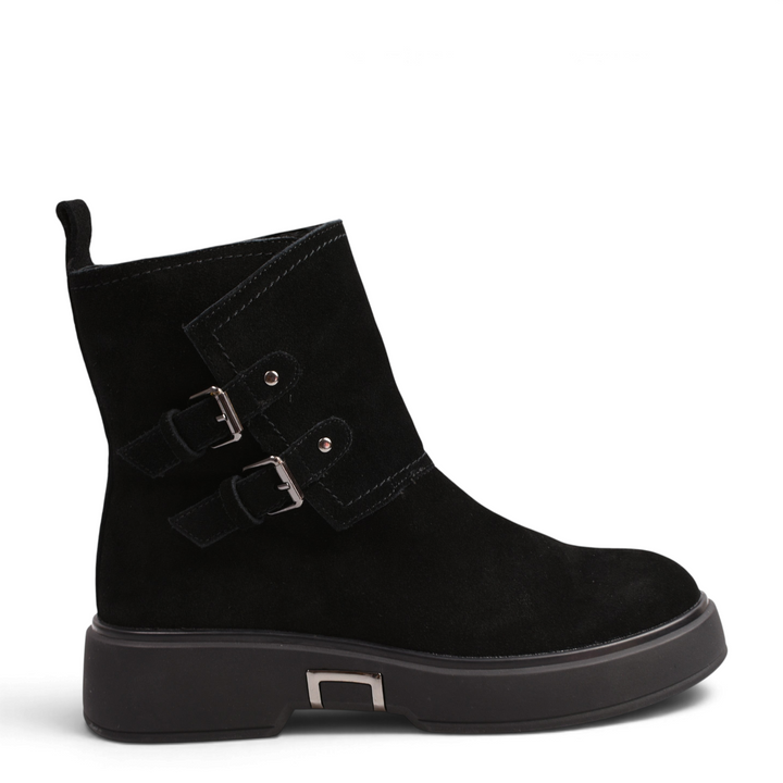 ada-shoes.ro Karisma black suede ankle boots with silver buckles and thick platform sole