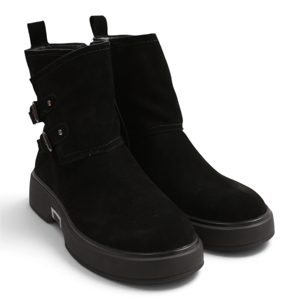 ada-shoes.ro black suede biker boots with silver buckles and thick platform soles