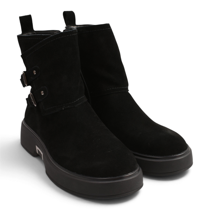 ada-shoes.ro black suede biker boots with silver buckles and thick platform soles