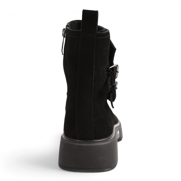 ada-shoes.ro black suede biker boots with silver buckles and thick platform sole, rear view