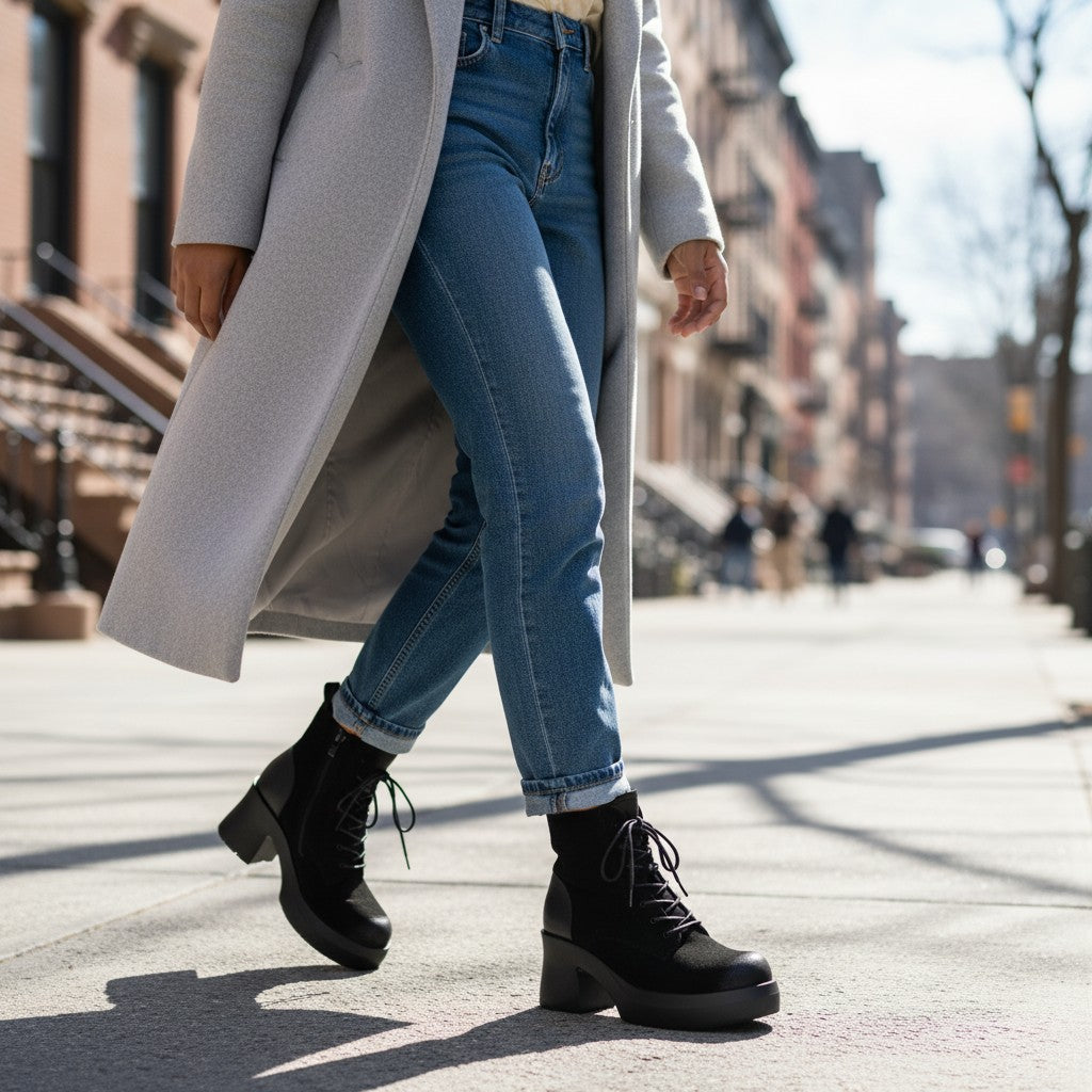 ada-shoes.ro black suede casual boots with 7cm heel, lace-up and zipper closure, worn with jeans and a long coat