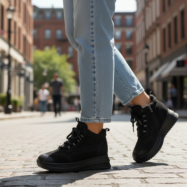 ada-shoes.ro Franco Gerardo black suede casual ankle boots with laces and side zipper worn with light blue jeans