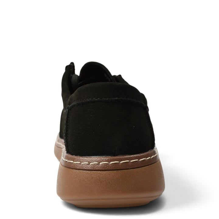 ada-shoes.ro black suede casual shoes with a brown flexible sole and contrast stitching, rear view