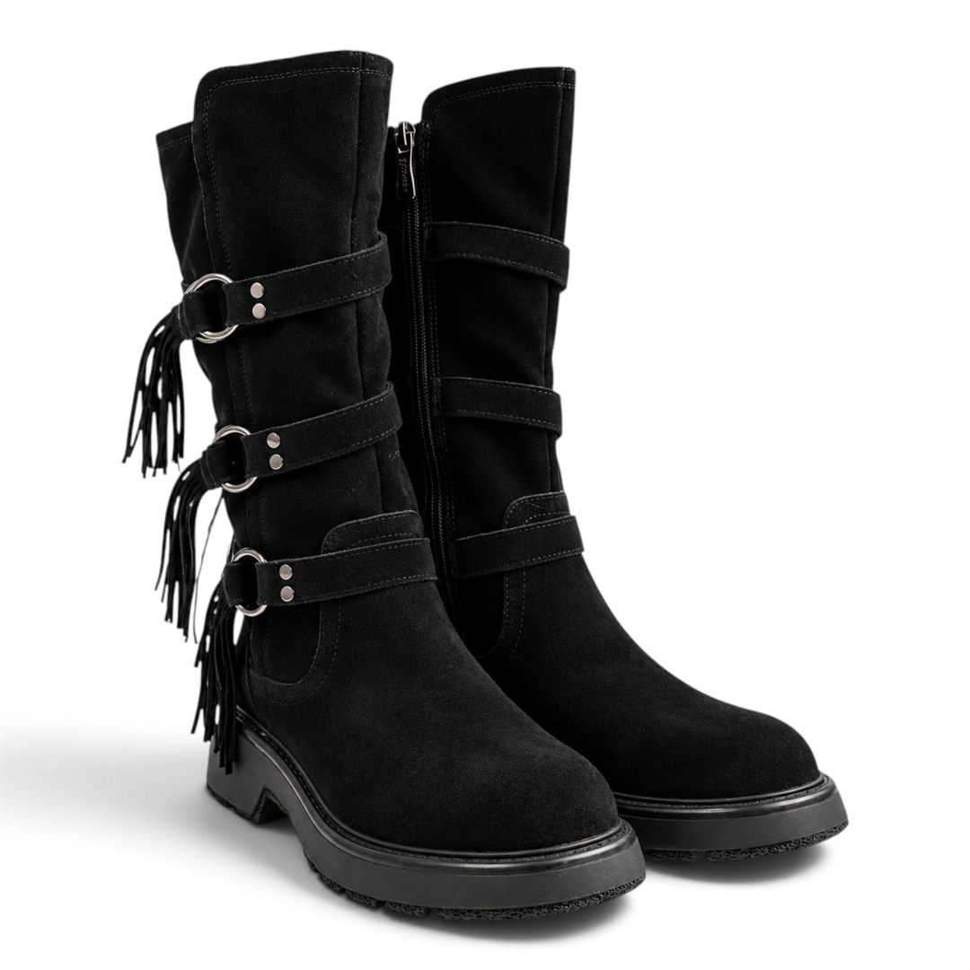 ada-shoes.ro Karisma black suede boots with fringe, metal ring straps, and a chunky track sole for women.