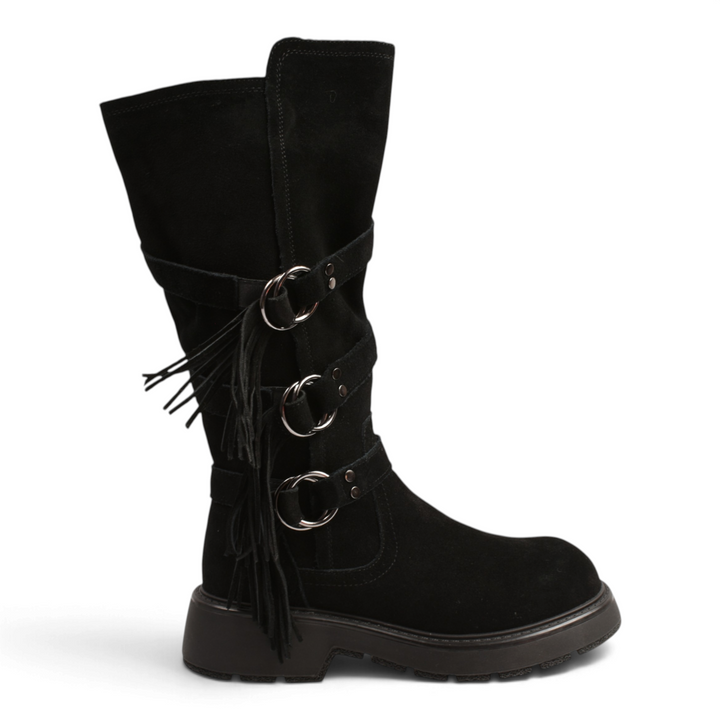 ada-shoes.ro black suede boots with fringe detail, metal ring straps, and a chunky track sole for a boho-chic style.