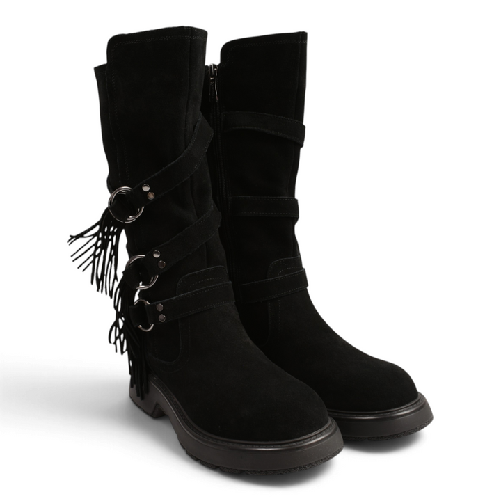 ada-shoes.ro Karisma black suede boots with fringe, metal rings, and thick track soles for a boho-chic style