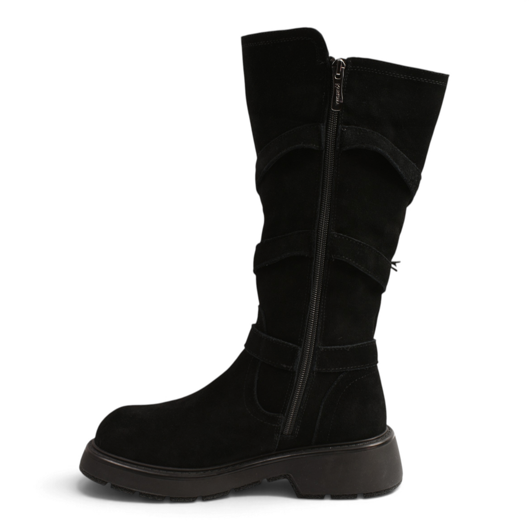 ada-shoes.ro Karisma black suede boots with side fringe, metal ring straps, and a thick track sole for women.
