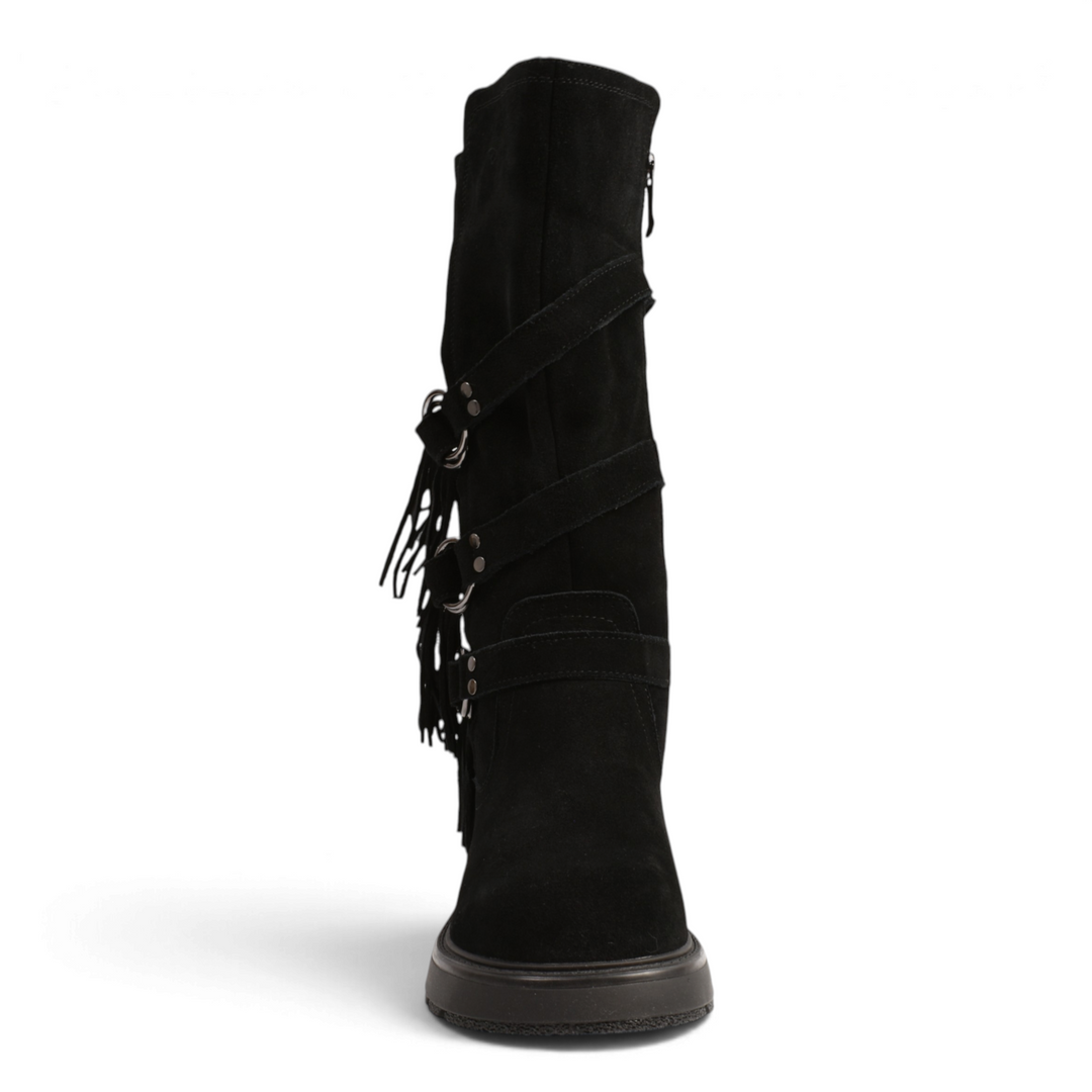 ada-shoes.ro Karisma black suede boots with fringe, metal ring straps, and a thick track sole for a boho-chic look.