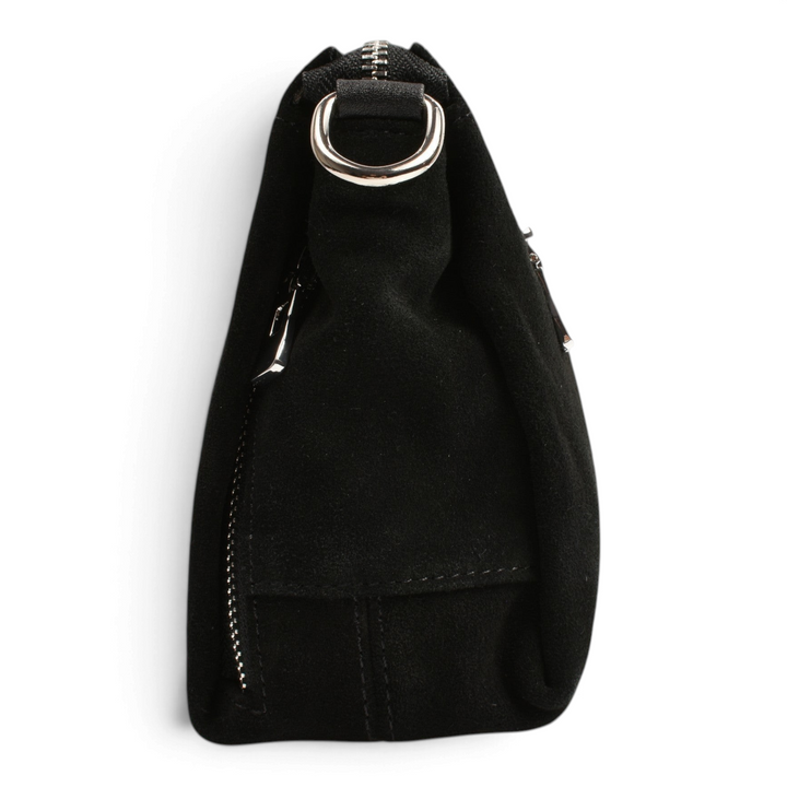 ada-shoes.ro black suede handbag side view with silver metal hardware and zipper details