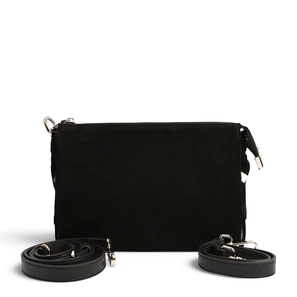 ada-shoes.ro black suede handbag with silver hardware and two detachable shoulder straps on a white background