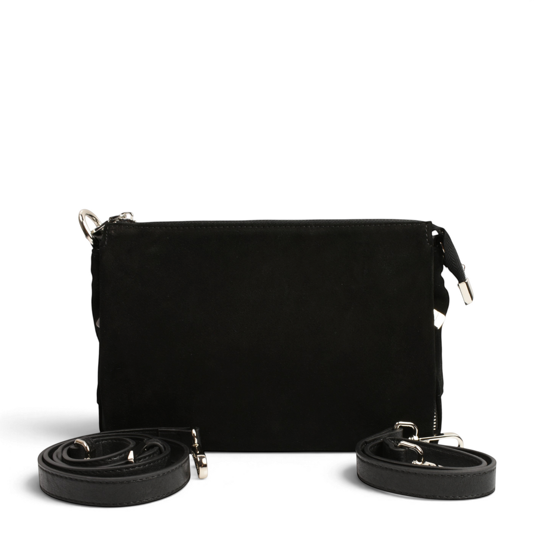 ada-shoes.ro black suede handbag with silver hardware and two detachable shoulder straps on a white background