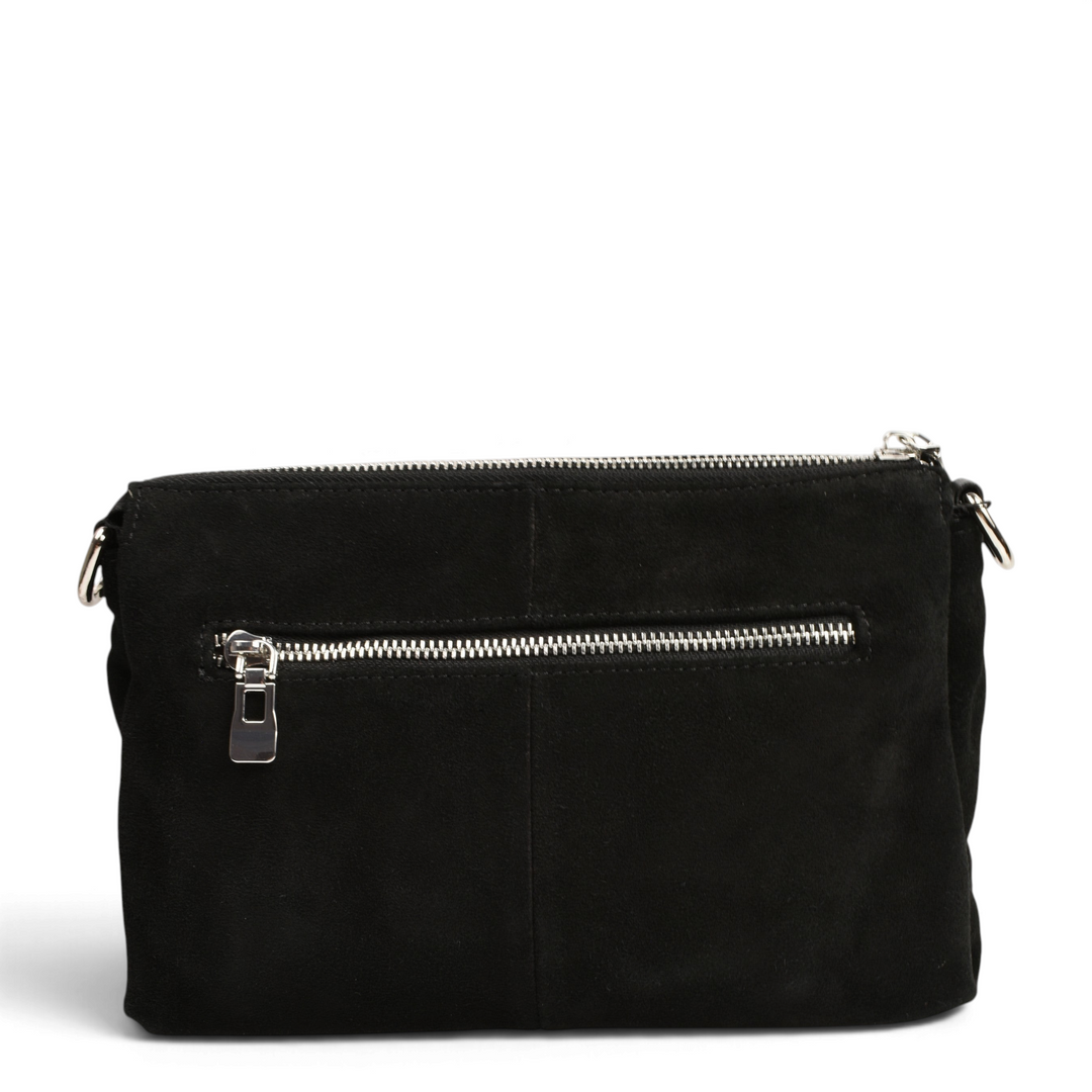 ada-shoes.ro black suede leather handbag with silver zipper details and back pocket