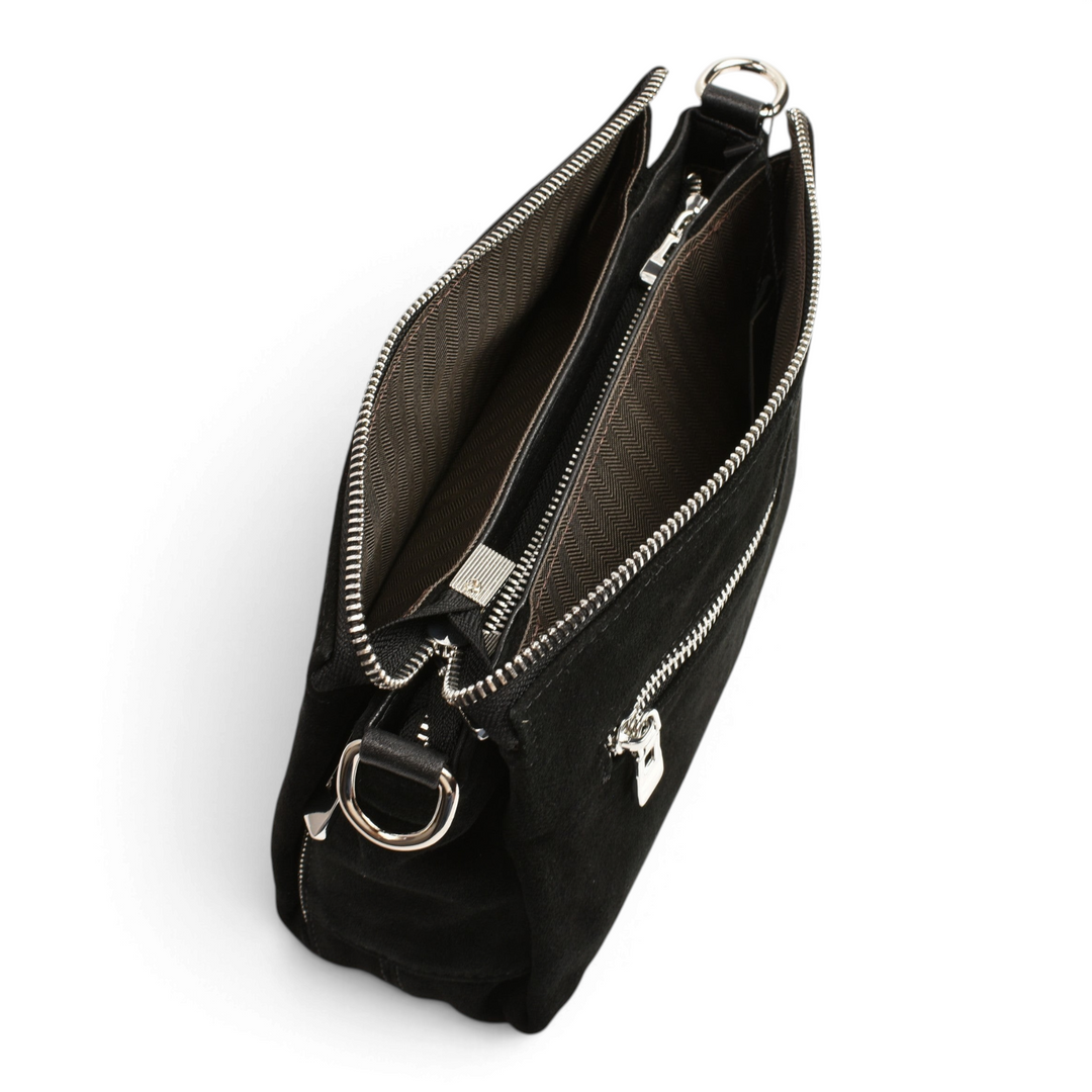 ada-shoes.ro black suede leather handbag with dual zippered compartments and silver hardware