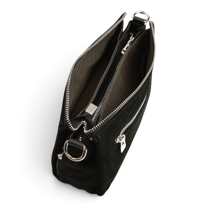 ada-shoes.ro black suede leather handbag with dual zippered compartments and silver hardware