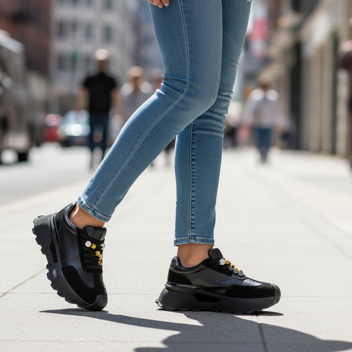 ada-shoes.ro Feeling 68102 black suede and leather sneakers with a thick platform sole worn with blue jeans