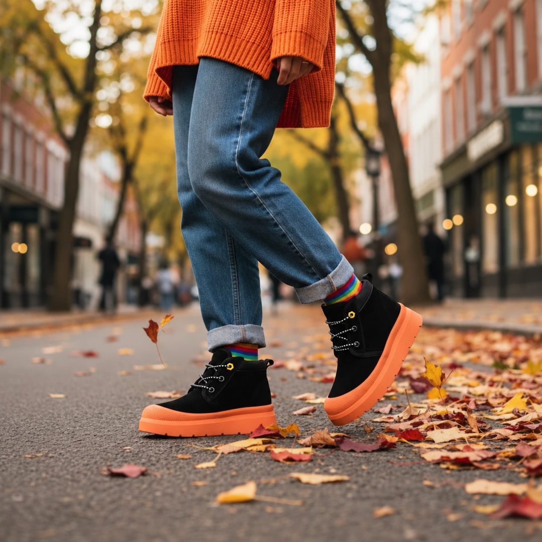 ada-shoes.ro black suede ankle boots with vibrant orange soles and trekking laces worn in an urban autumn setting