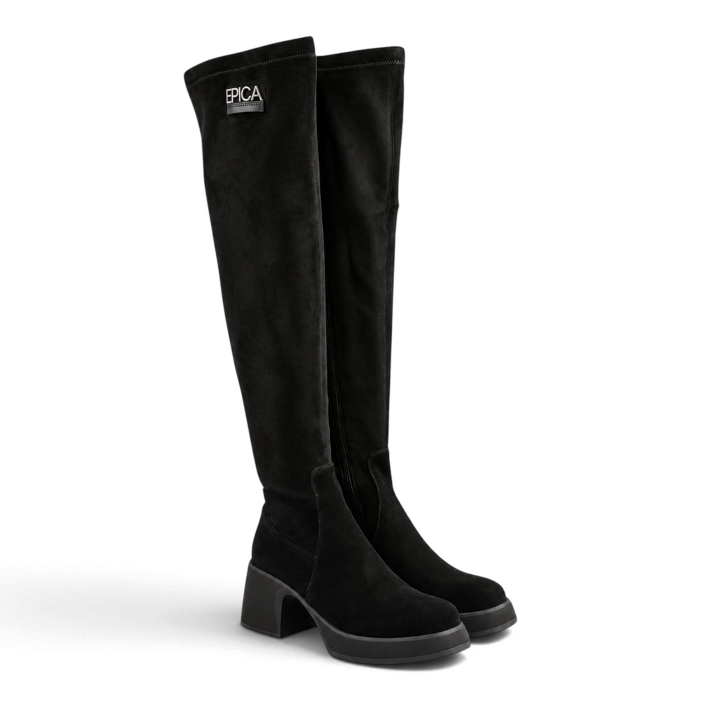 ada-shoes.ro black over-the-knee boots in suede and elastic textile with a block heel, platform, and Epica logo detail