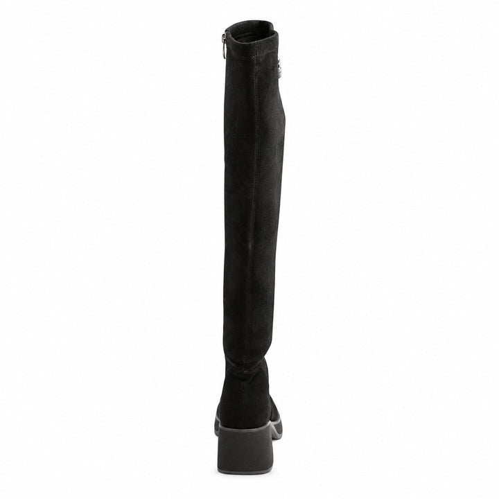 ada-shoes.ro black over-the-knee boots in natural suede with a thick heel and side zipper, rear view