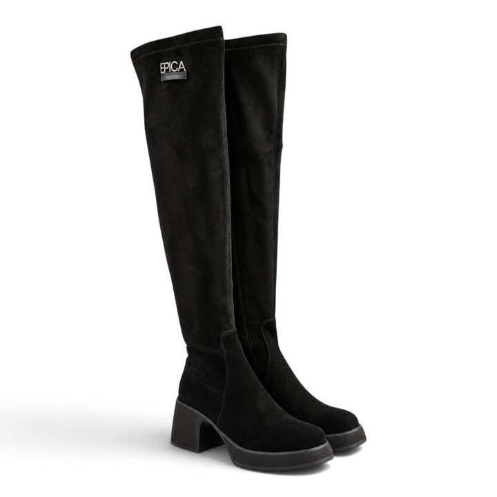 ada-shoes.ro black over-the-knee boots in suede and elastic textile with a block heel, platform, and Epica logo detail