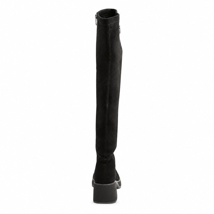 ada-shoes.ro black over-the-knee boots in natural suede with a thick heel and side zipper, rear view