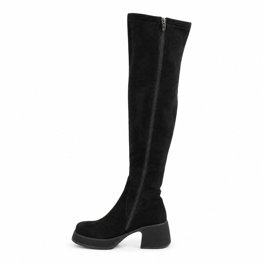 ada-shoes.ro black over-the-knee boots in suede and elastic textile with a block heel and side zipper