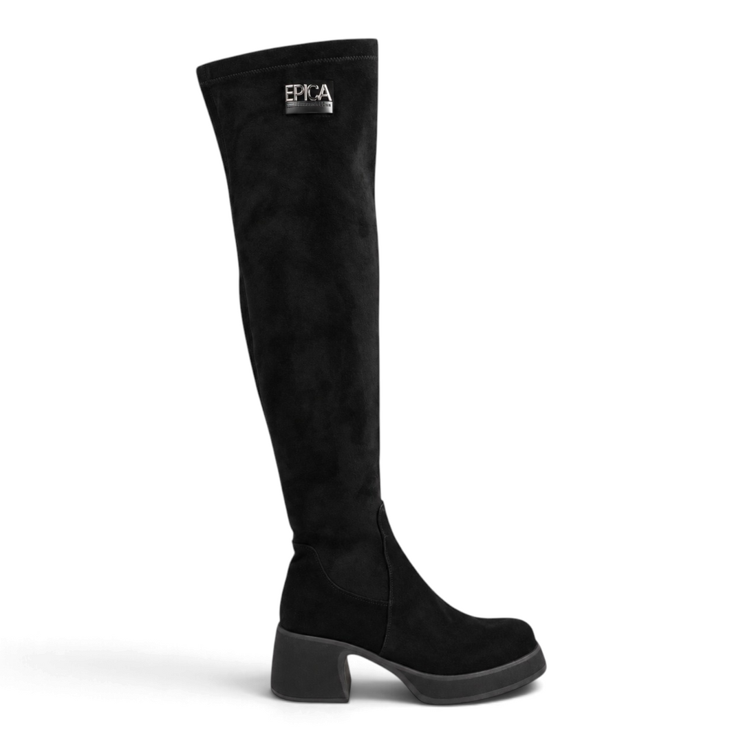 ada-shoes.ro black over-the-knee boots in suede and elastic textile with a block heel, platform, and silver Epica logo.