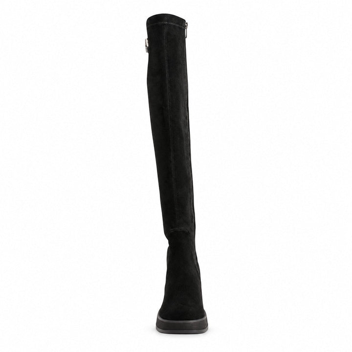 ada-shoes.ro black over-the-knee boots in suede and elastic textile with a block heel and platform sole