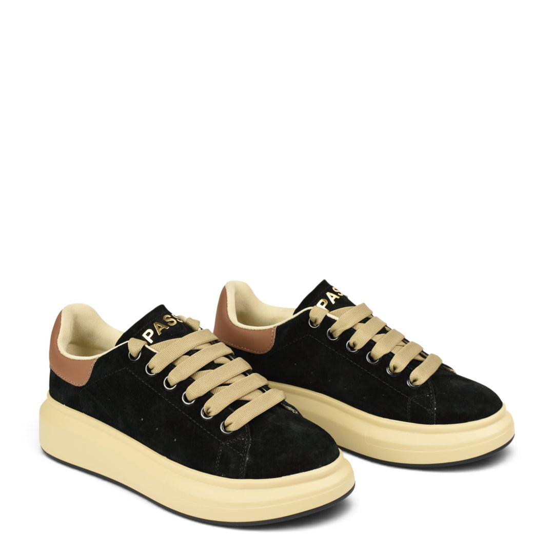 ada-shoes.ro Pass Collection black suede sneakers with beige laces and thick platform sole