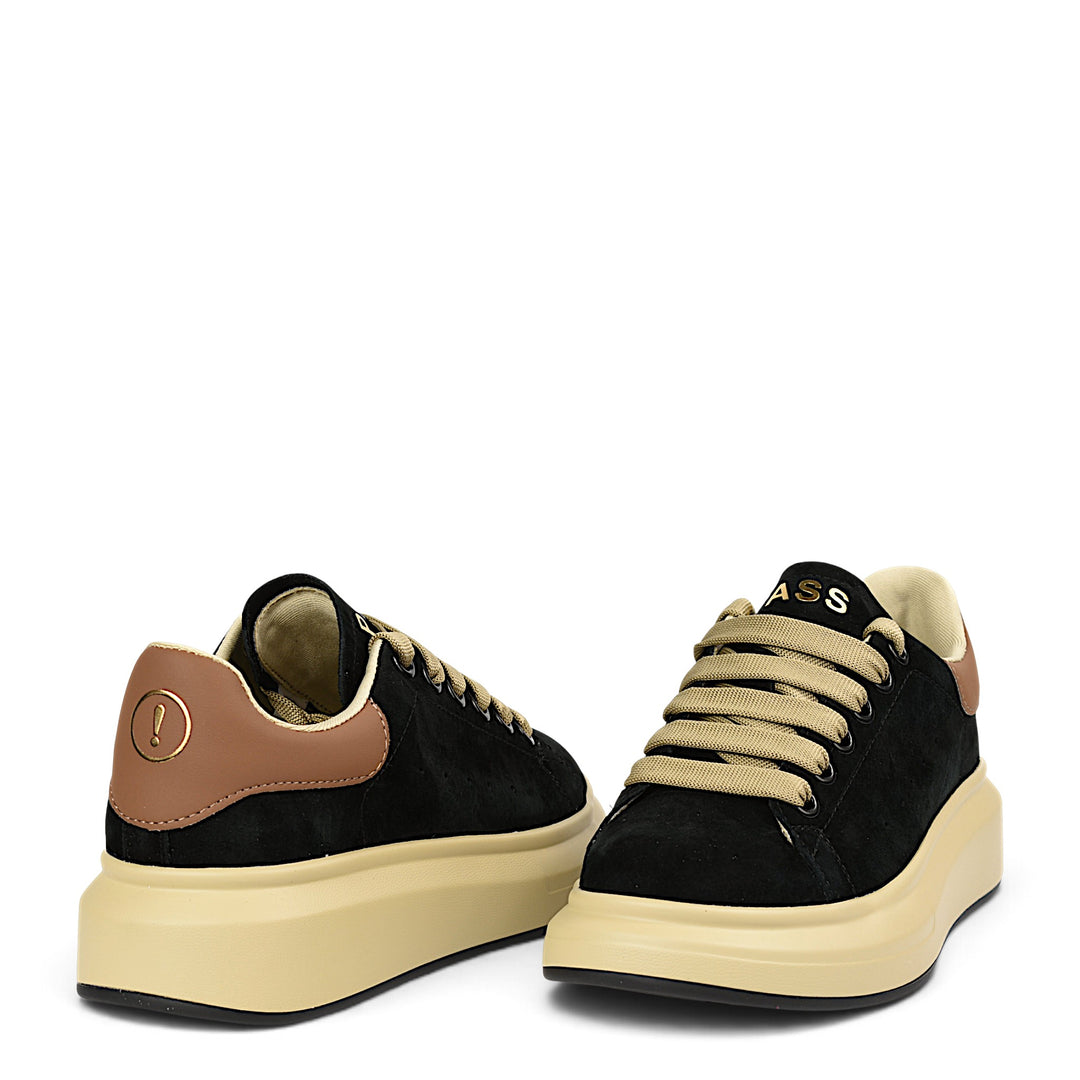 ada-shoes.ro Pass Collection black suede trainers with beige platform soles and tan heel details