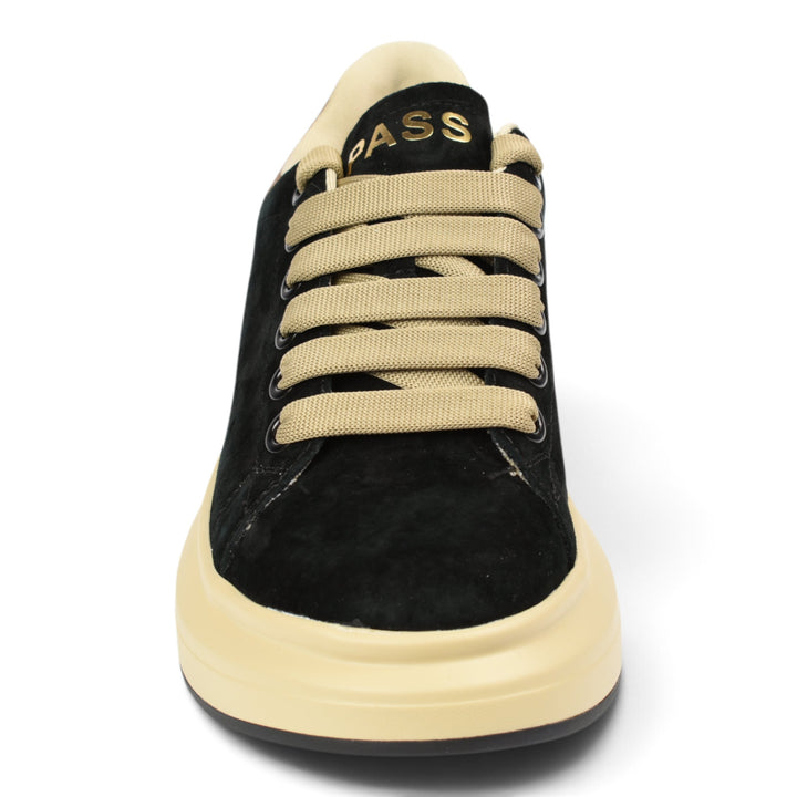 ada-shoes.ro Pass Collection black suede trainers with wide beige laces and a thick platform sole