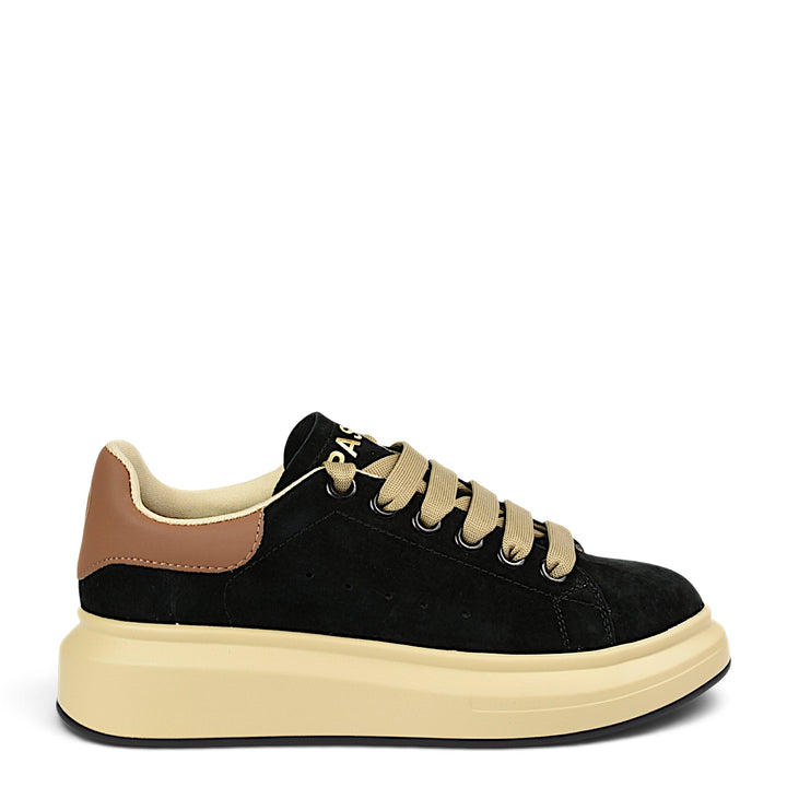 ada-shoes.ro Pass Collection black suede trainers with beige laces and a chunky platform sole for women