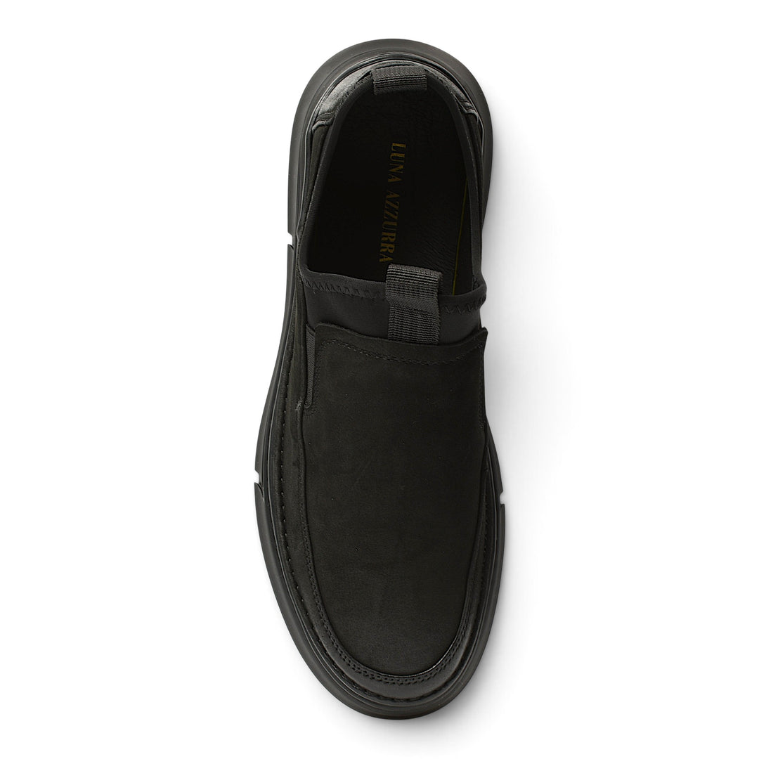 ada-shoes.ro Franco Gerardo black suede slip-on sneakers with elastic inserts and flexible sole, top view.