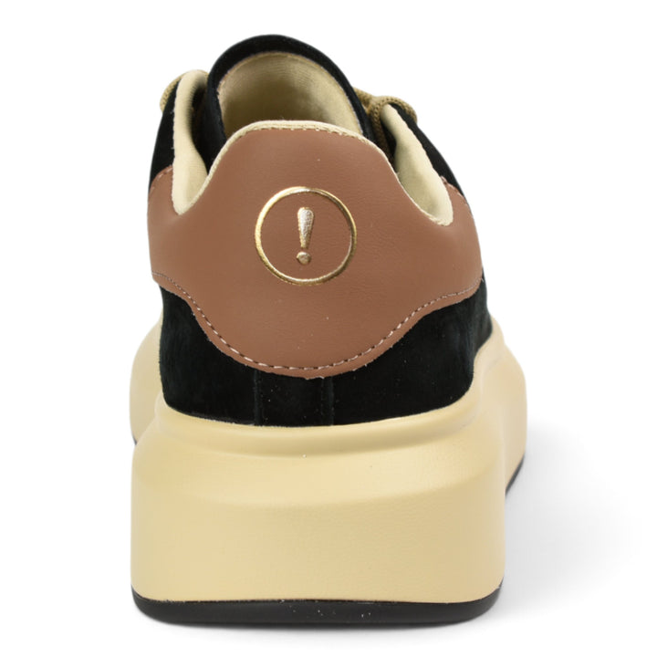 ada-shoes.ro Pass Collection black suede sneakers featuring a brown heel tab with a gold exclamation mark logo