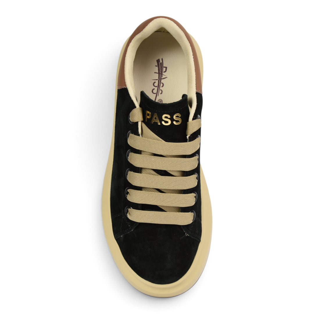 ada-shoes.ro Pass Collection black suede sneakers with beige laces and platform sole, top-down view.
