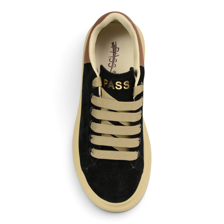 ada-shoes.ro Pass Collection black suede sneakers with beige laces and platform sole, top-down view.