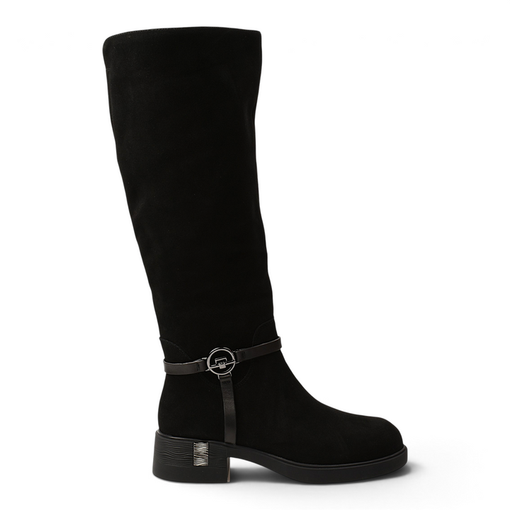ada-shoes.ro Anna Viotti black suede knee-high boots with western-inspired design and metallic side strap detail.