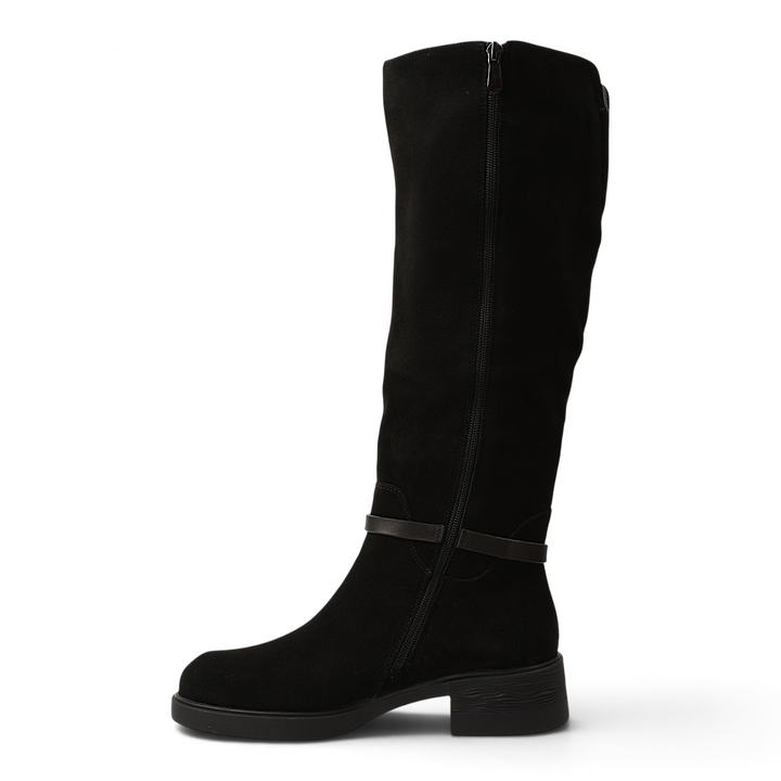 ada-shoes.ro Anna Viotti black suede knee-high boots with western-inspired design and stable block heel
