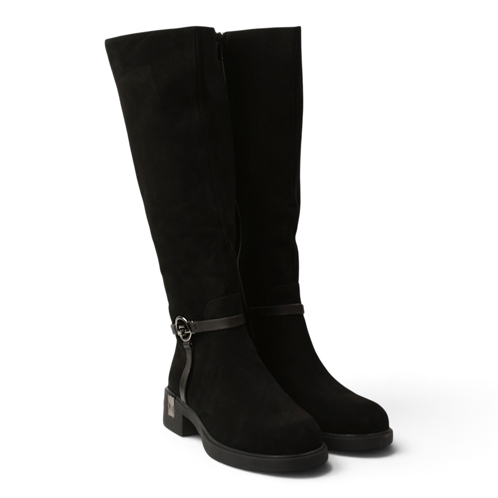 ada-shoes.ro Anna Viotti black suede knee-high boots with western-inspired design and metallic side buckle detail