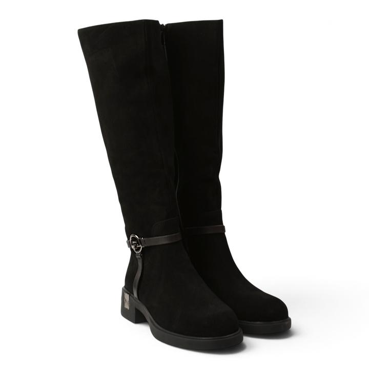 ada-shoes.ro Anna Viotti black suede knee-high boots with western-inspired design and metallic side buckle detail