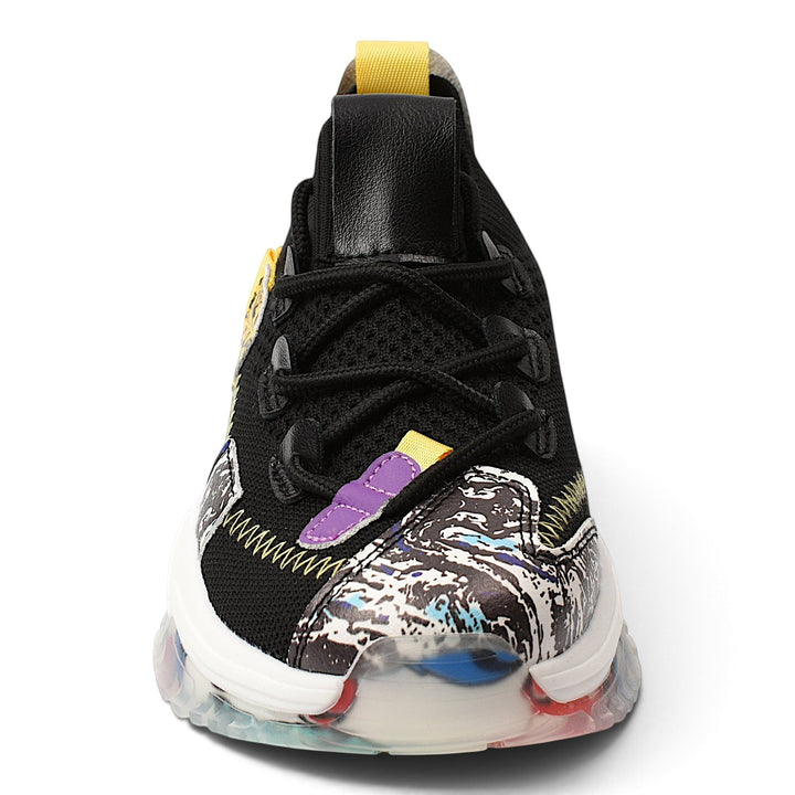 ada-shoes.ro Franco Gerardo black textile sneakers with lace-up closure and a thick, colorful patterned sole.