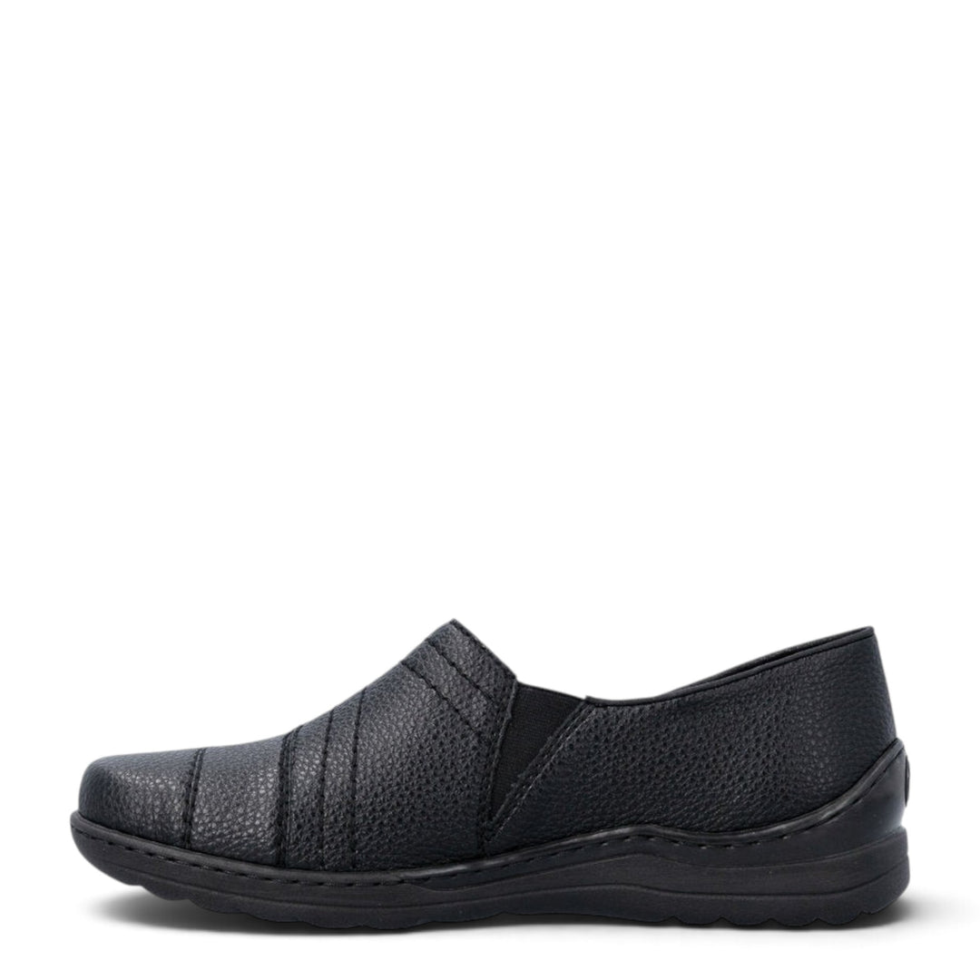 ada-shoes.ro black slip-on casual shoes for women with wide fit, elastic inserts, and soft cushioned sole