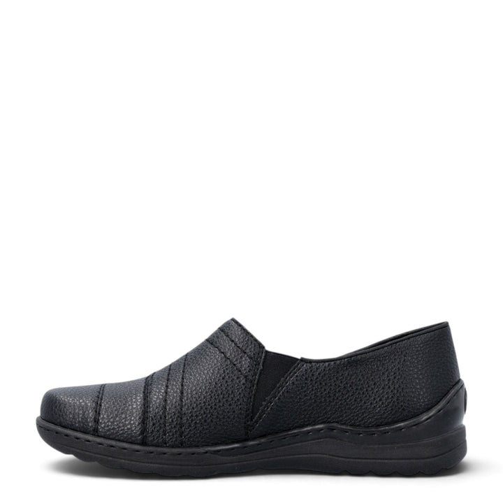 ada-shoes.ro black slip-on casual shoes for women with wide fit, elastic inserts, and soft cushioned sole