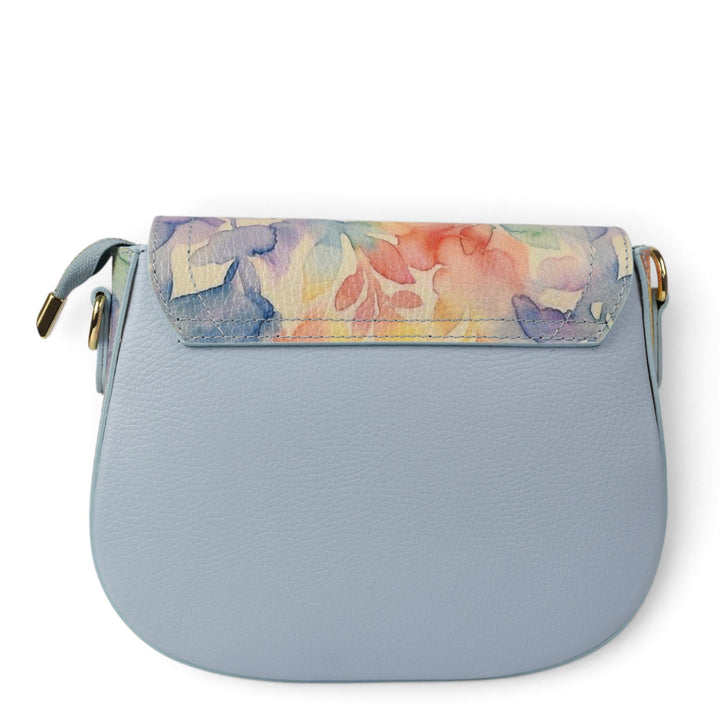 ada-shoes.ro blue leather handbag with a floral watercolour print flap and gold hardware details.