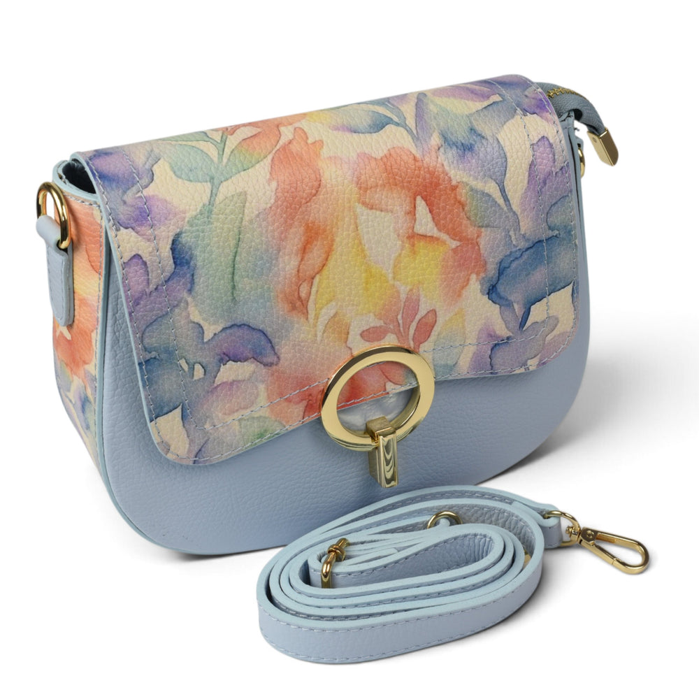 ada-shoes.ro blue leather handbag with a floral watercolour flap, gold hardware, and a detachable shoulder strap.