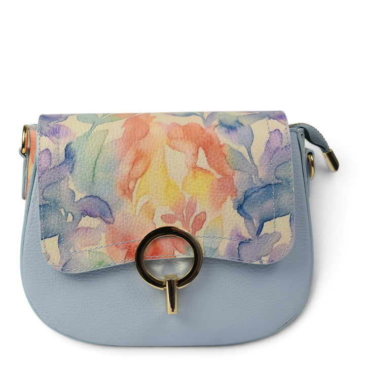 ada-shoes.ro blue leather handbag with a floral watercolour print flap and gold ring clasp detail
