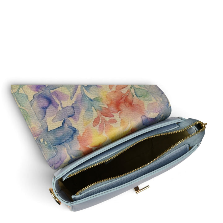 ada-shoes.ro blue leather handbag with a floral watercolour print flap and gold zip closure