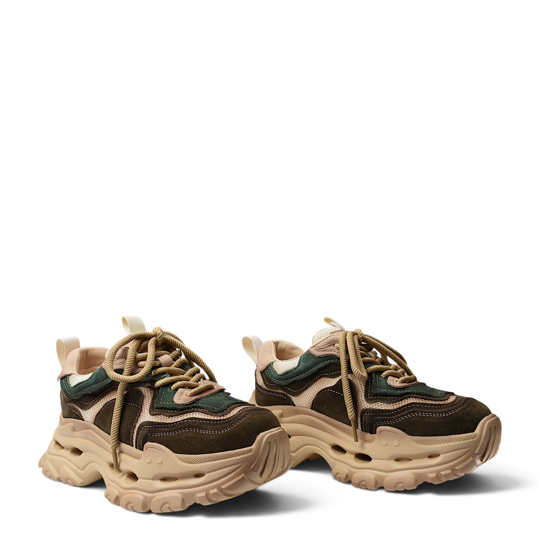 ada-shoes.ro brown and green suede chunky sneakers with thick beige lug soles and lace-up closure
